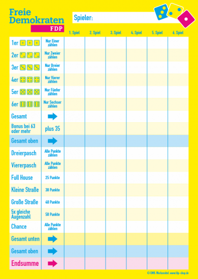 Würfelspiel-Block DIN A6 Freie Demokraten